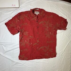 Hook & Tackle Mens Red Dolphin Fish Floral Print Button Up Shirt Size Medium